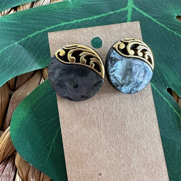 BOGO FREE VINTAGE STATEMENT EARRINGS POST MARBLED GOLD GRAY - Picture 1 of 6